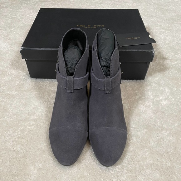 Rag & Bone Harrow Boot Suede Navy Stacked Heel Bootie Ankle Straps 39 9 - Picture 3 of 8